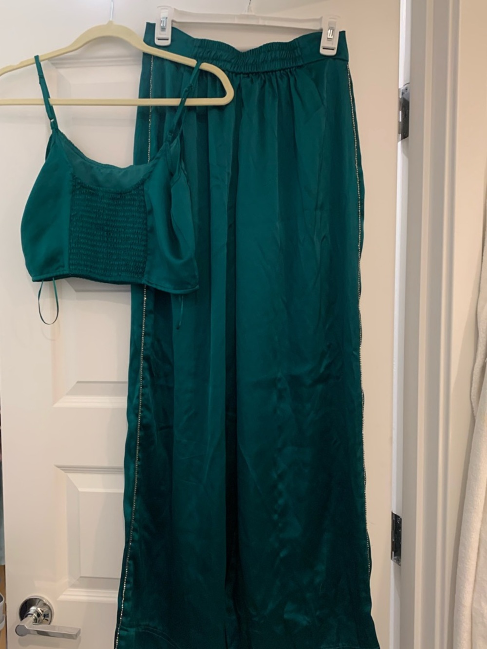 Emerald Satin Two-Piece Jumpsuit Set for formal events - Picture 2 of 8